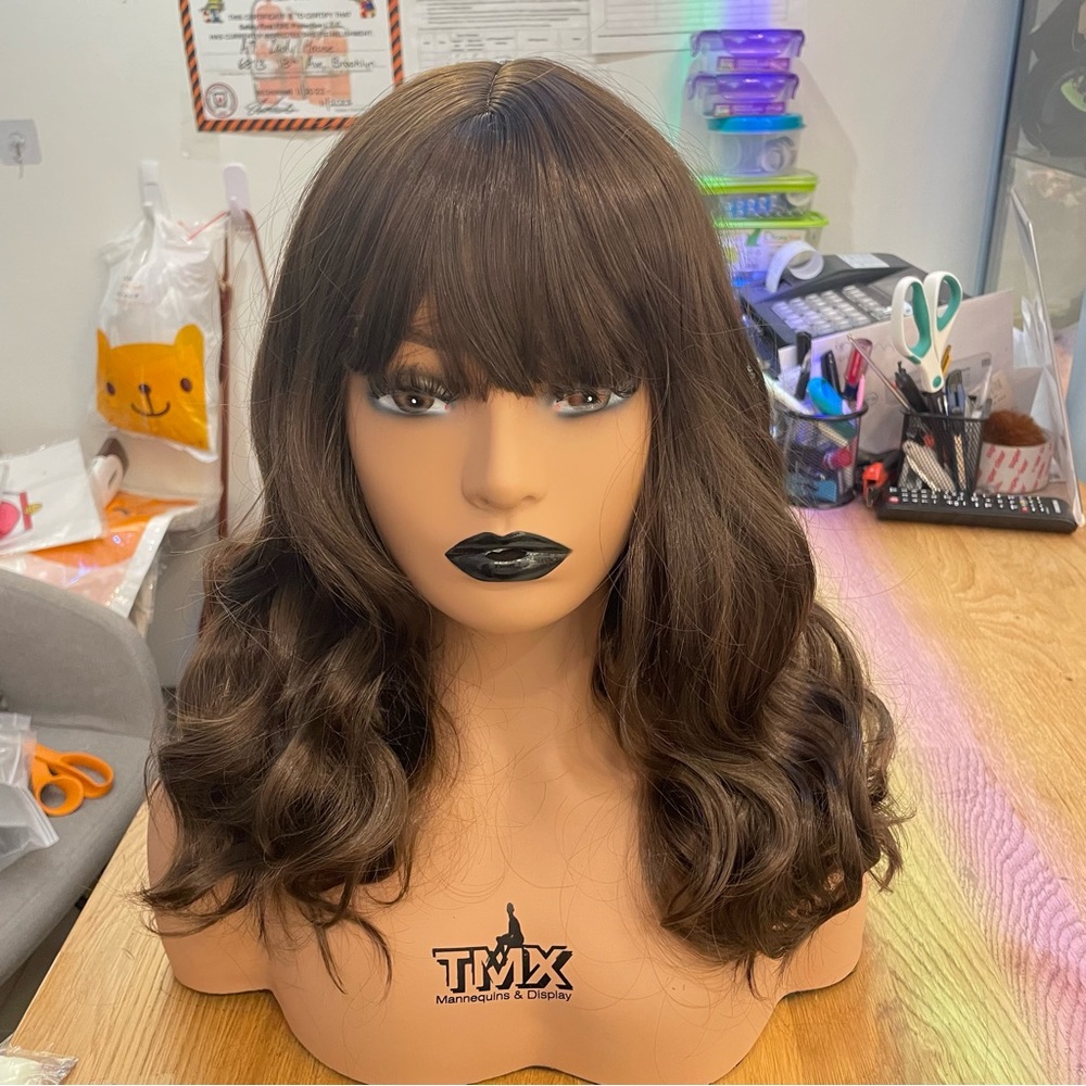 Human hair blend dark brown bob wavy wig